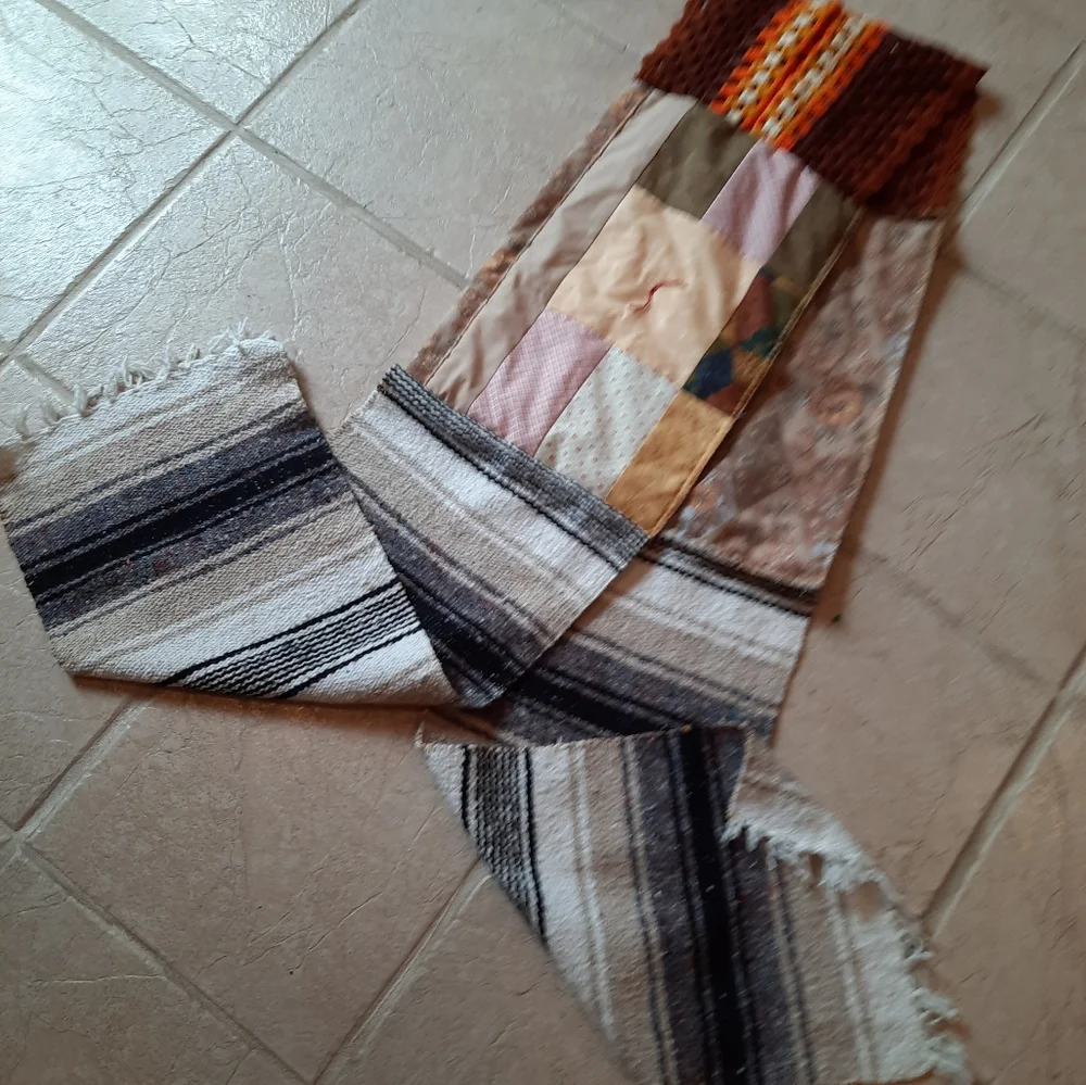 Upcycled long winter patch Blanket scarf handmade browns Dont Throw It Out